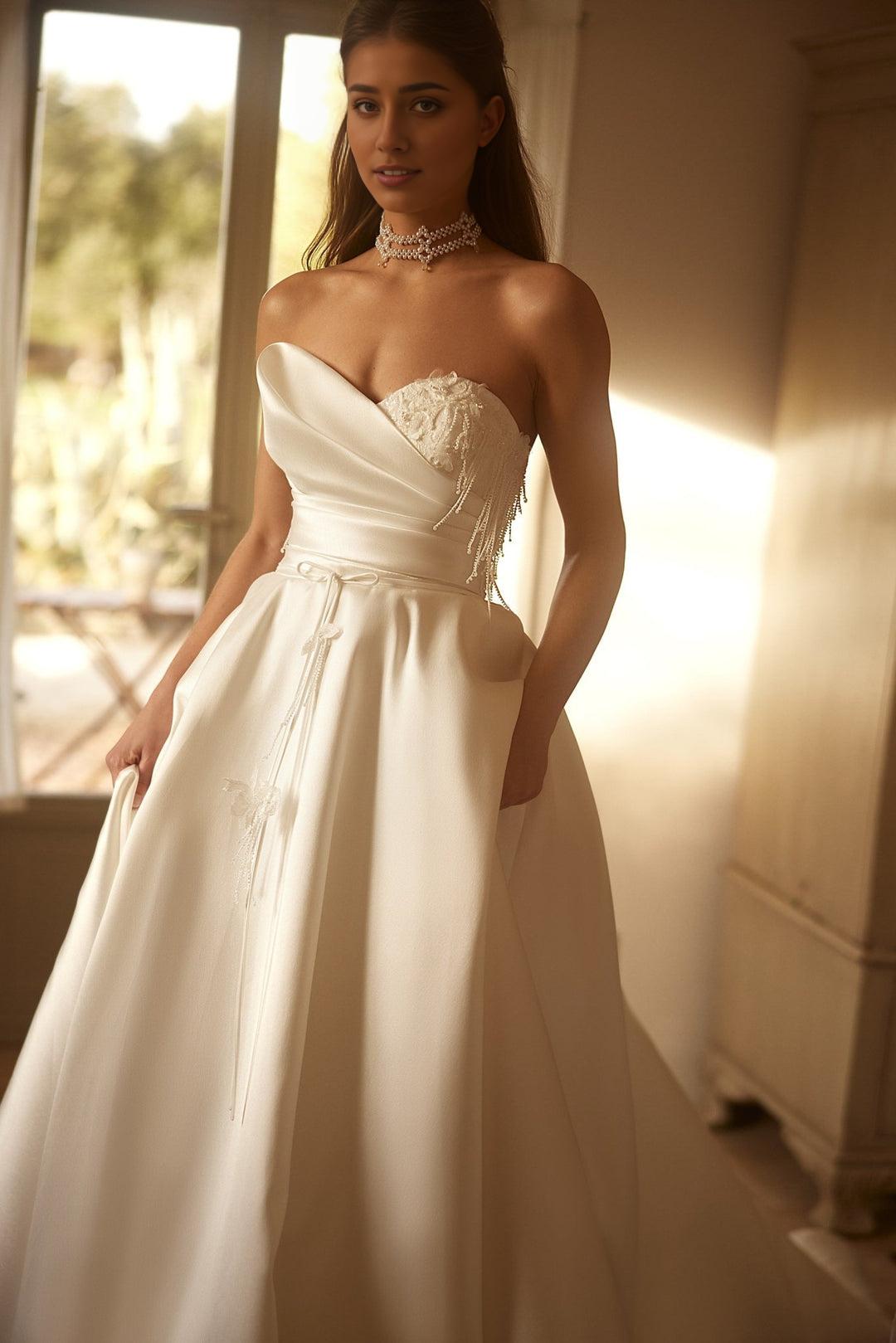 Luxury Satin Strapless Wedding Gown with Beaded Corset and Majestic Train