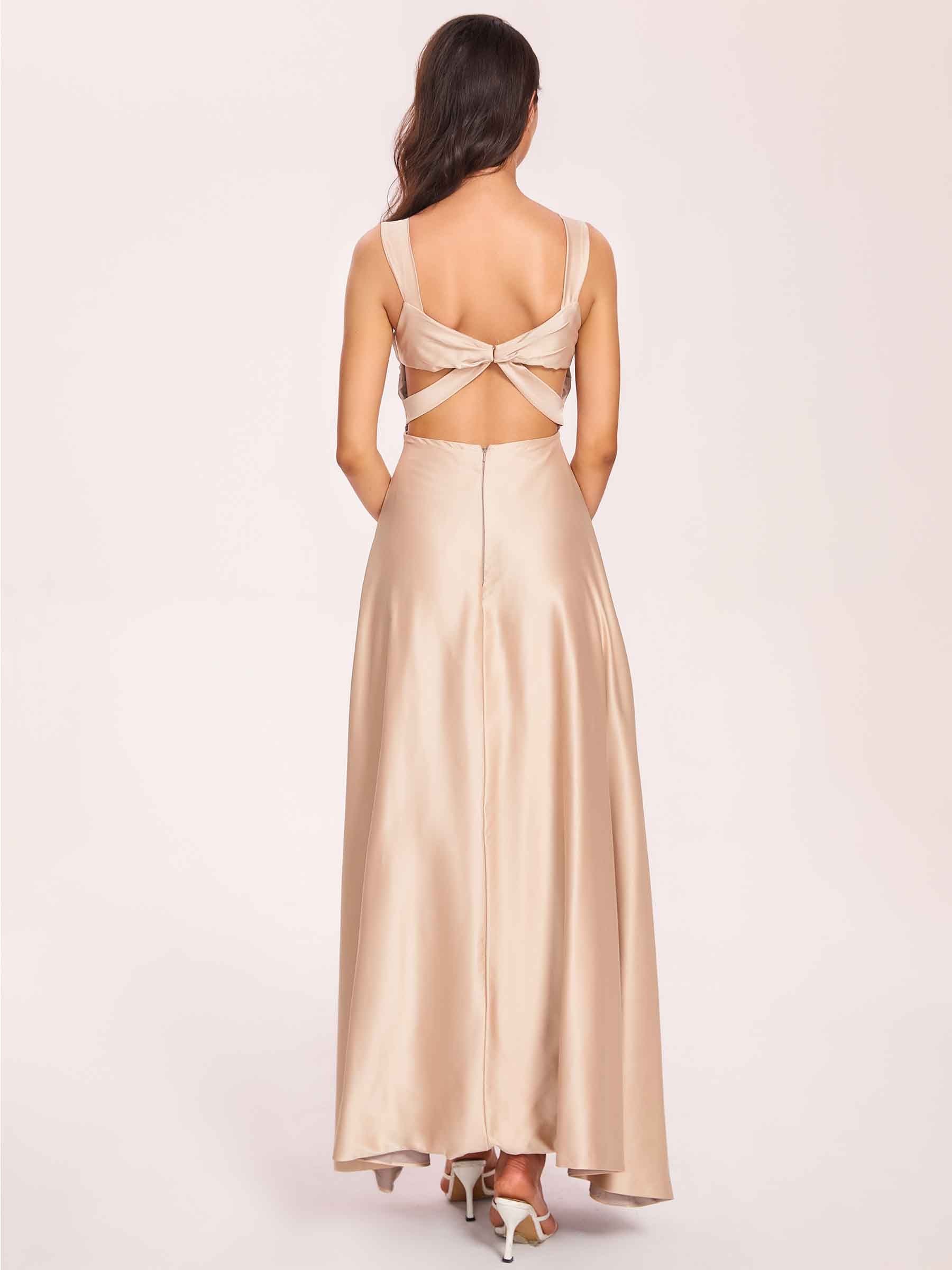 Satin V-neck A-line Prom Dresses Side slit Floor Length