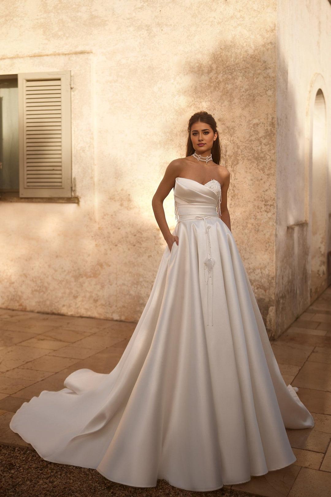 Luxury Satin Strapless Wedding Gown with Beaded Corset and Majestic Train