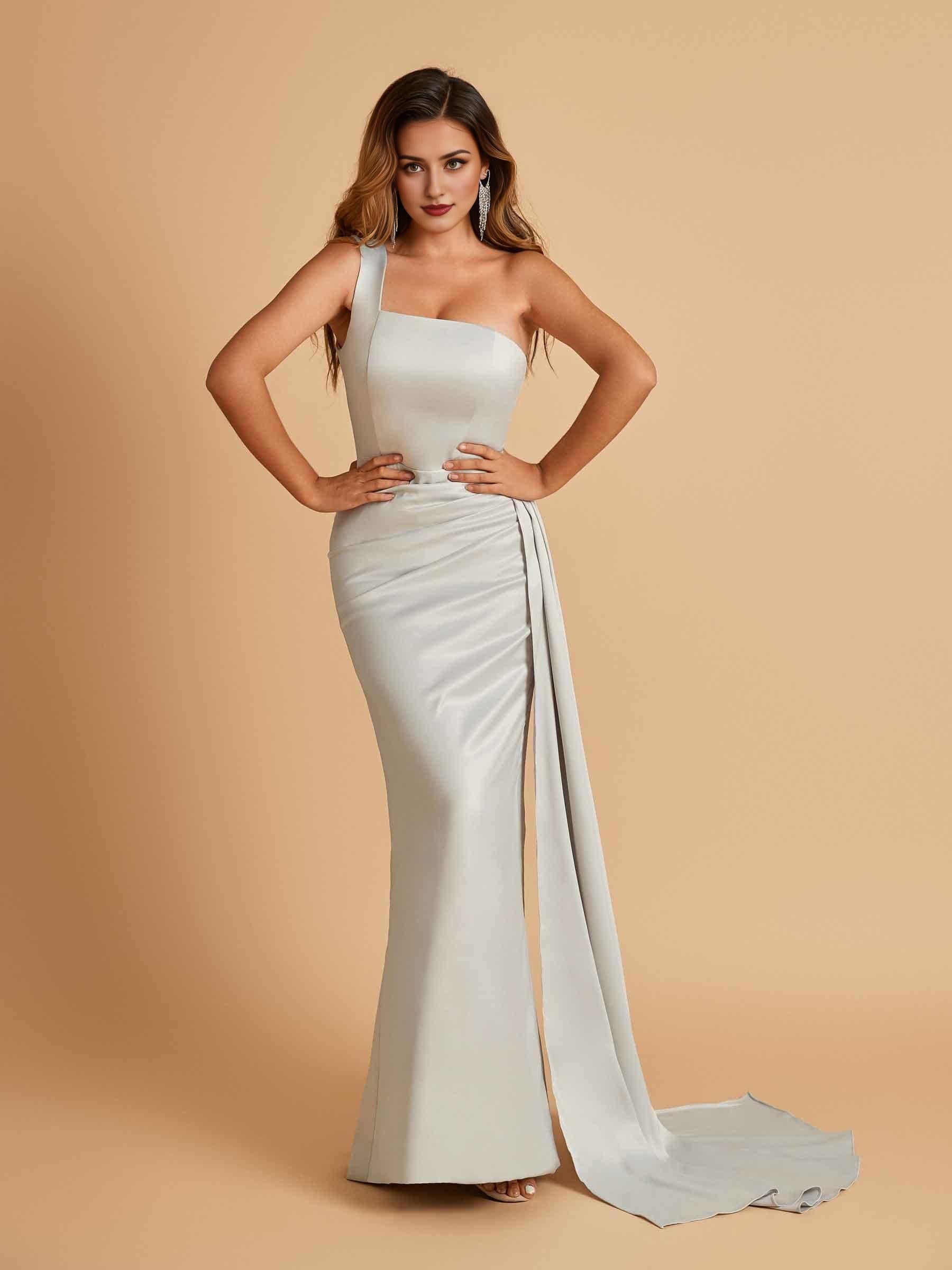 Sexy Satin One Shoulder Mermaid Prom Dresses Pleats Floor Length