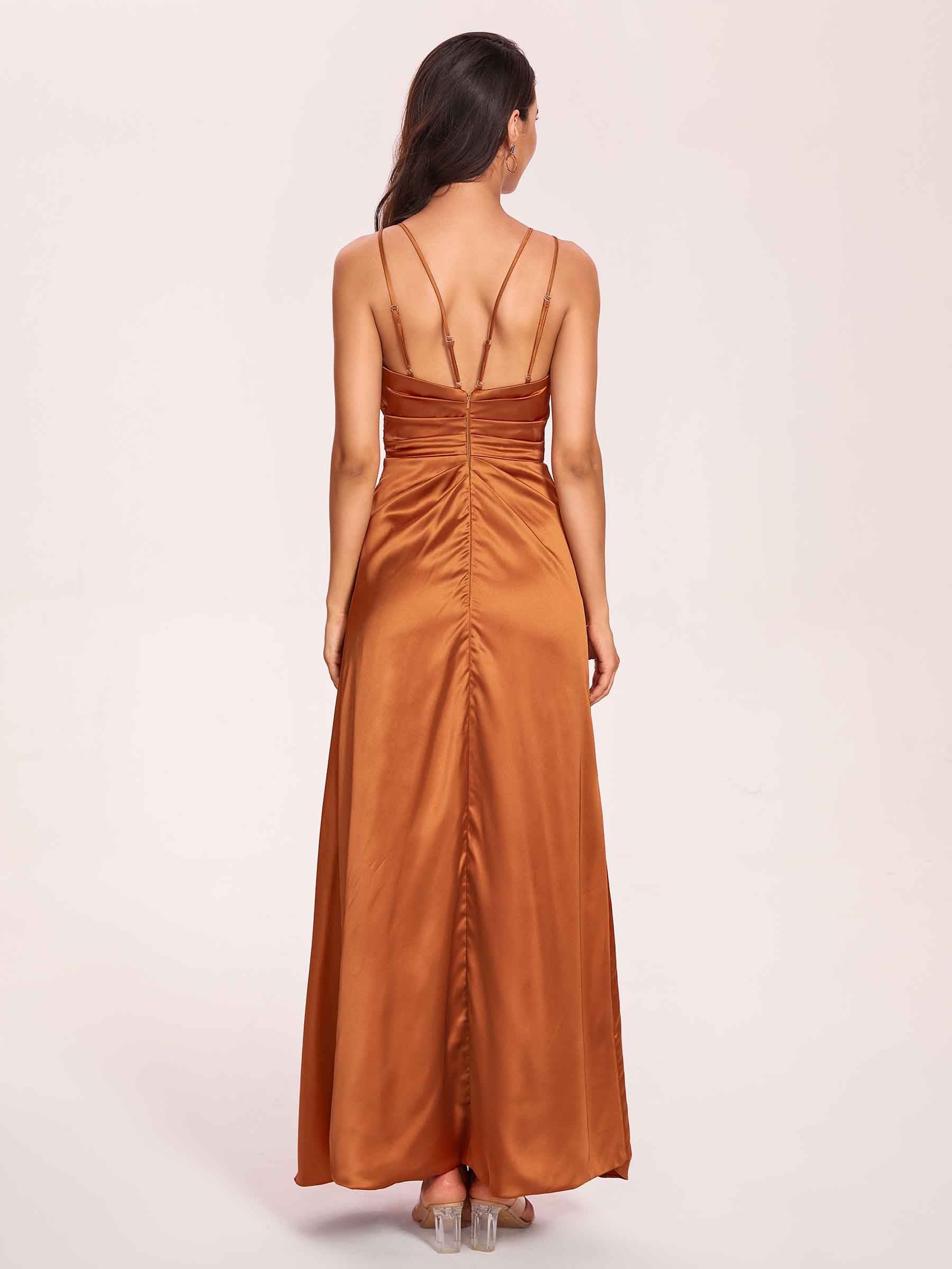 Sexy Satin A-line Prom Dresses Spaghetti Straps Side Slit V-neck Floor Length