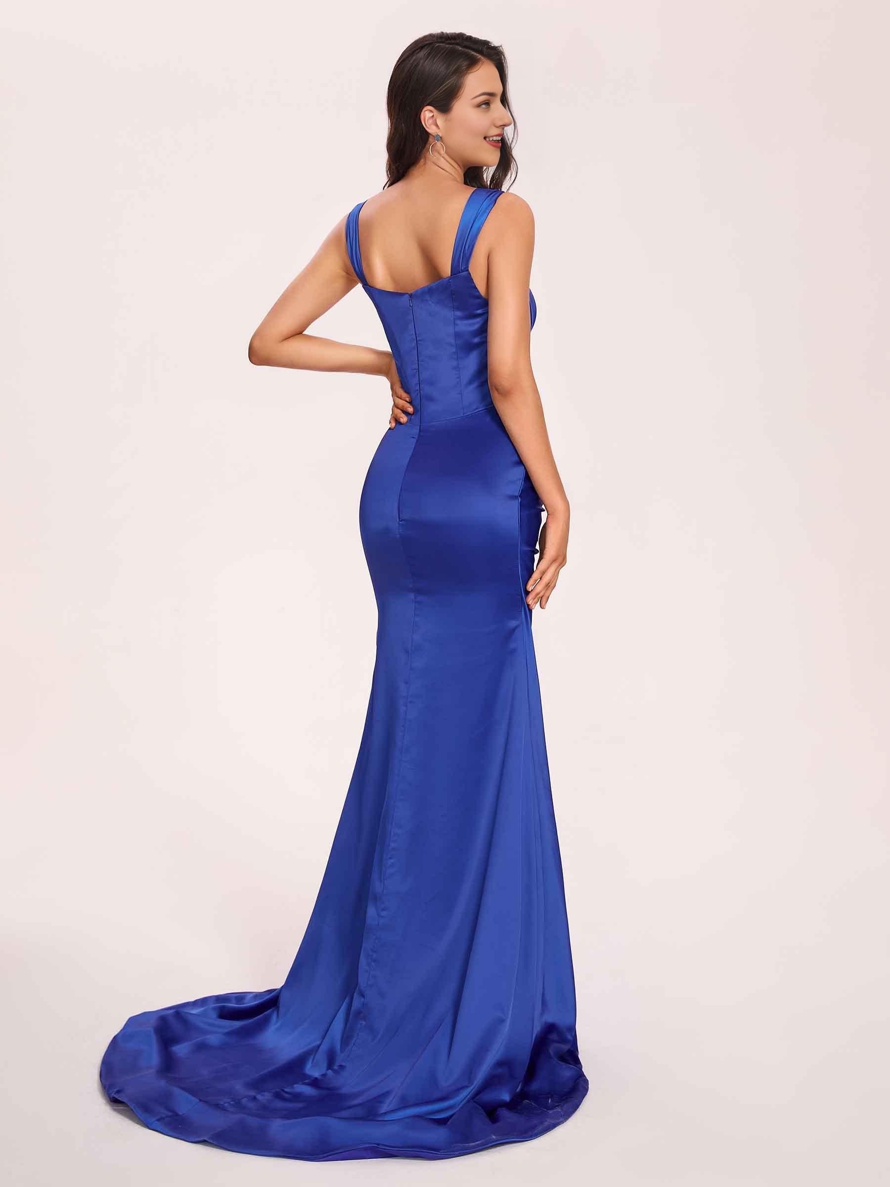 Sexy Satin Square Mermaid Prom Dresses Pleats Side-Slit Floor-Length Sleeveless