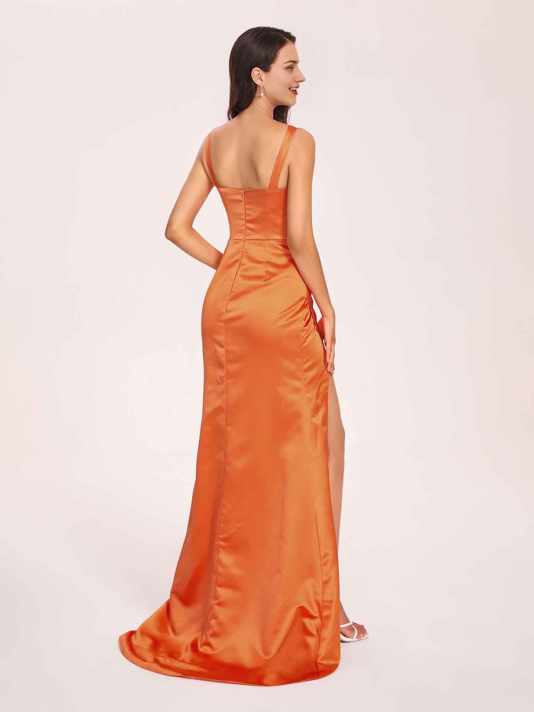 Satin Spaghetti Straps Corset Prom Dresses Pleats Side-Slit Sheath Floor Length