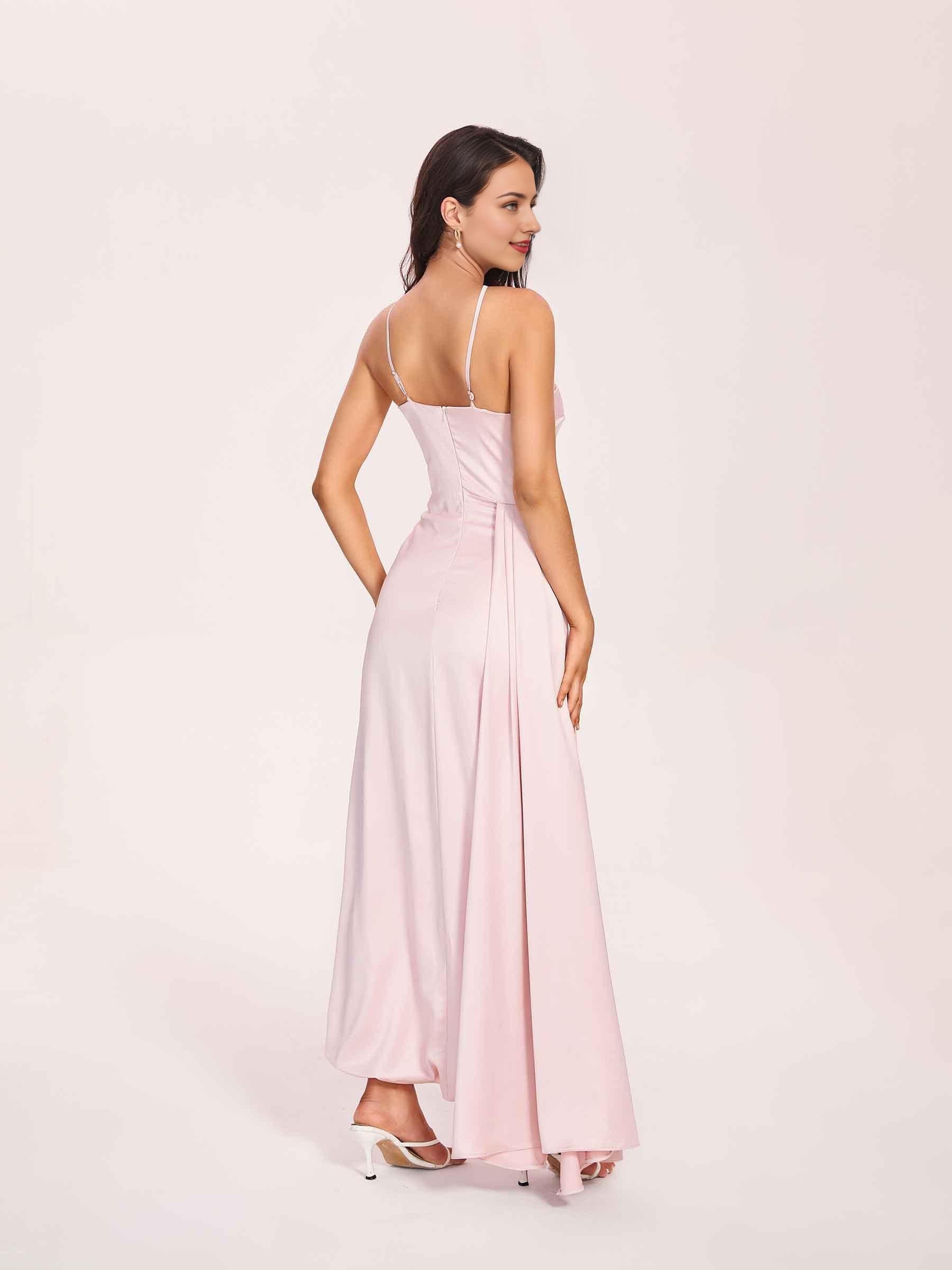 Sexy Satin Halter Strap Sheath Prom Dresses Side Slit Pleats Floor Length
