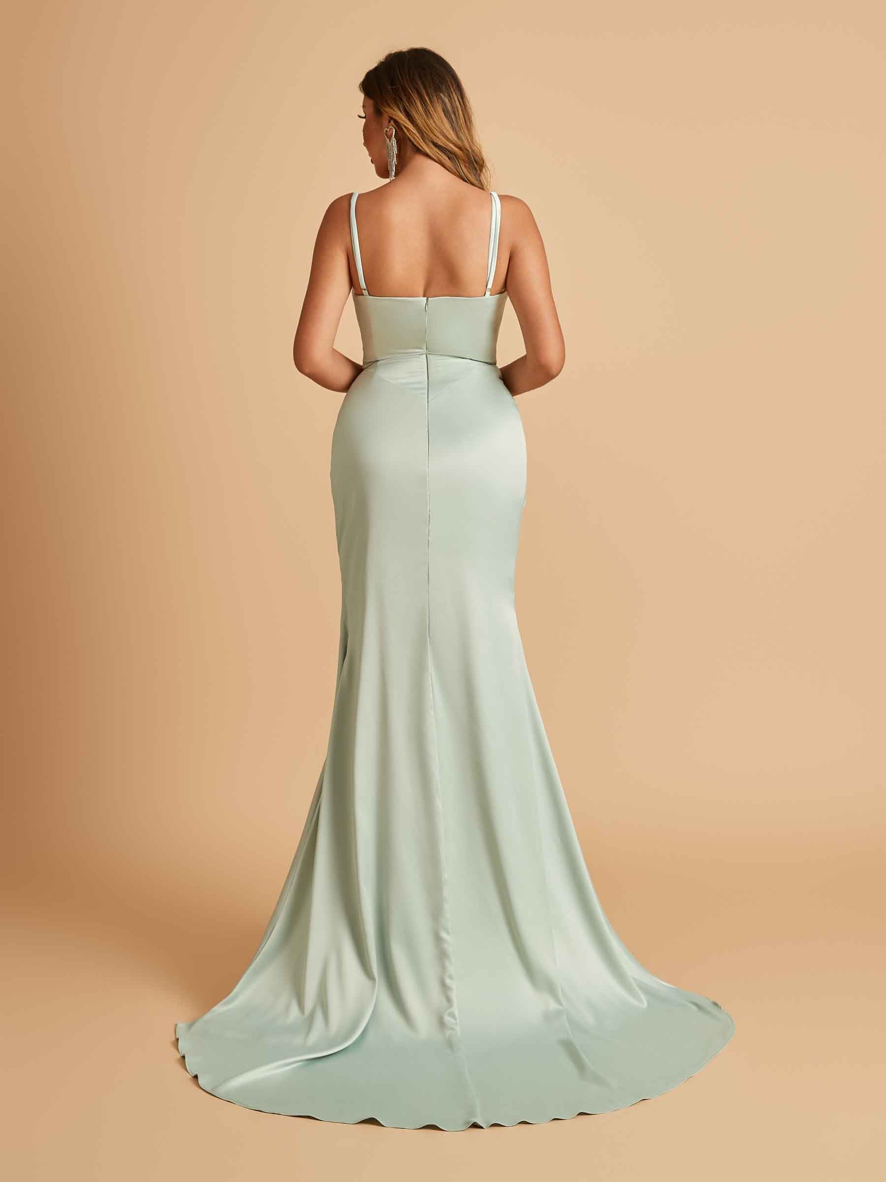 Satin Mermaid Sweetheart Prom Dresses Spaghetti Straps With Pleats Floor Length