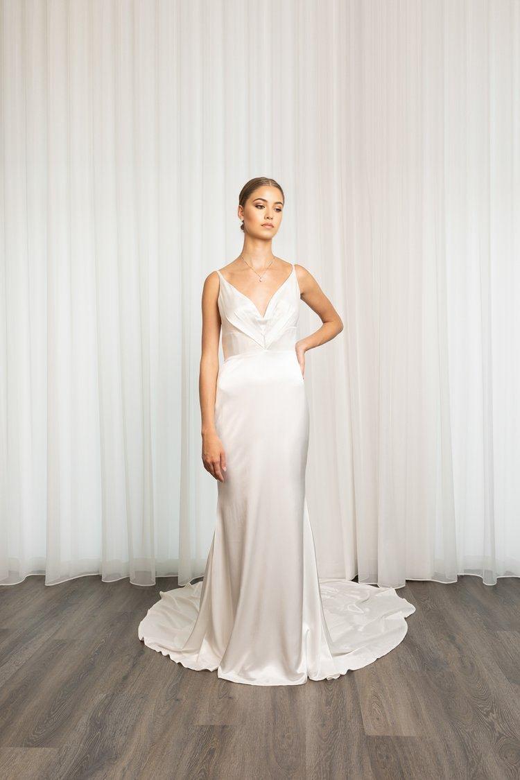 Minimalist Simple Silky Satin Bridal Gown with V-Neckline