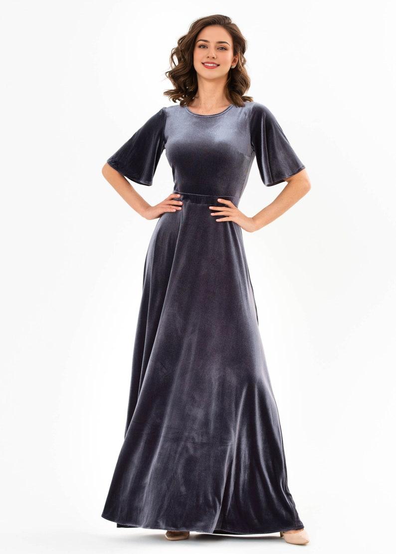 Charcoal velvet long dress Prom velvet dress wedding guest dress velvet slit wrap dress maxi dress evening dress