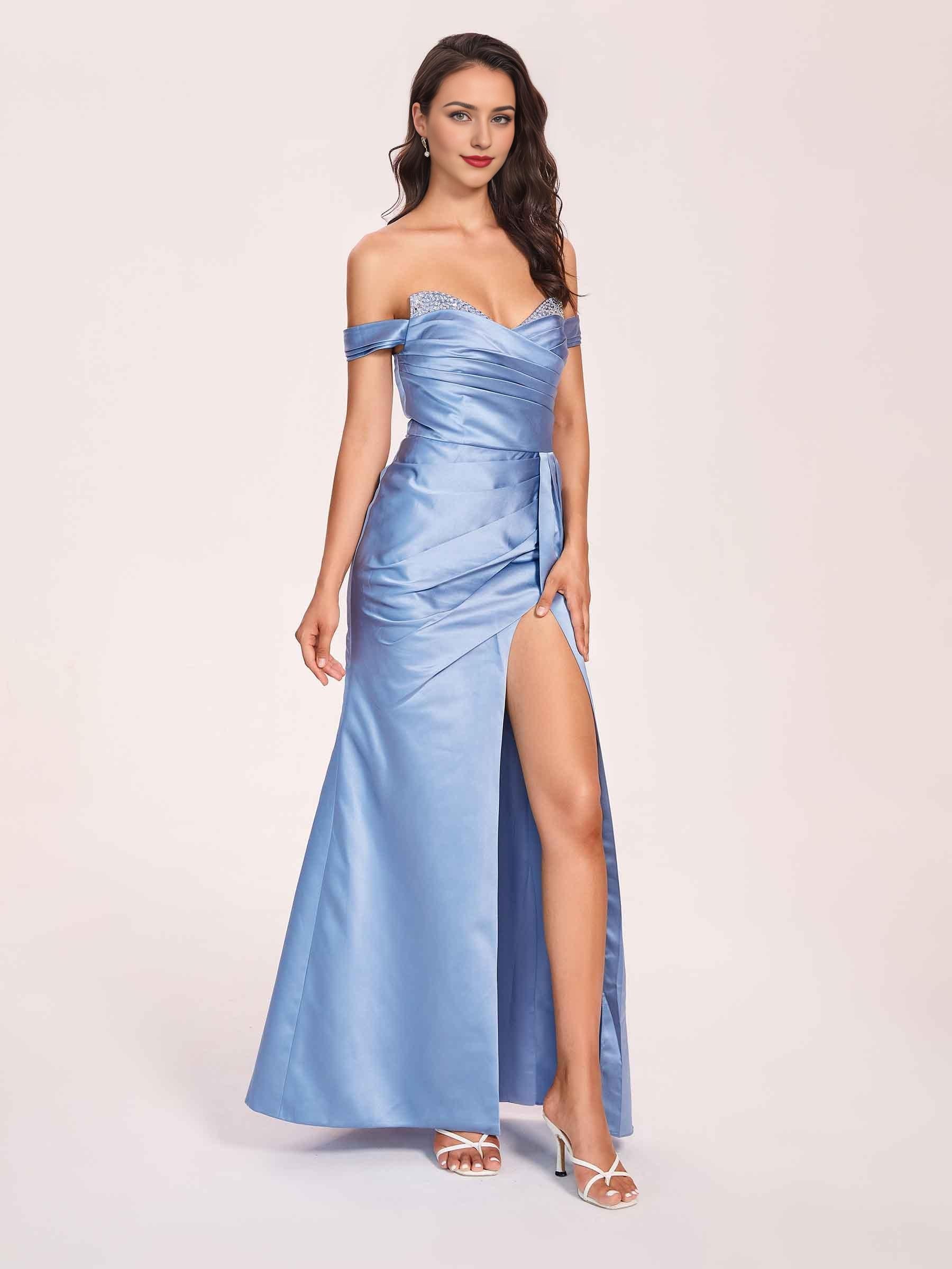 Elegant Satin Off Shoulder Prom Dresses Side-slit Sweetheart Floor Length Sheath