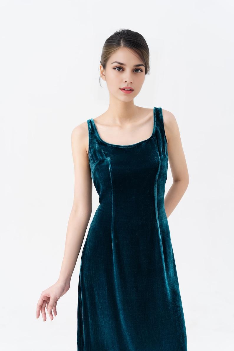 Petrol Mulberry Silk Velvet Prom Dress Luxurious Silk Velvet With Scoop Neck Midi Dress Made to Order Dress