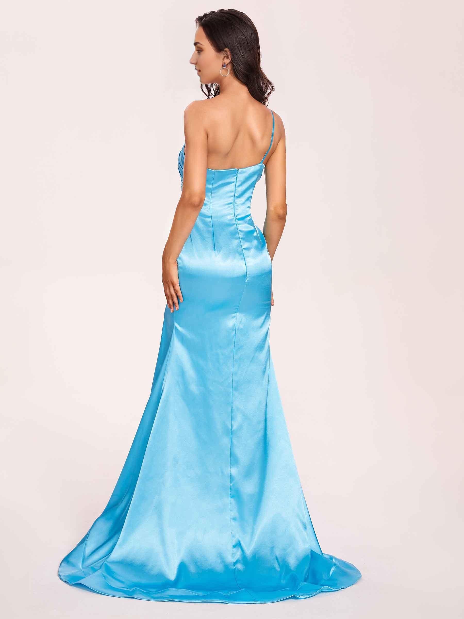 Satin One-shoulder Mermaid Prom Dresses Side Slit Pleats Floor Length