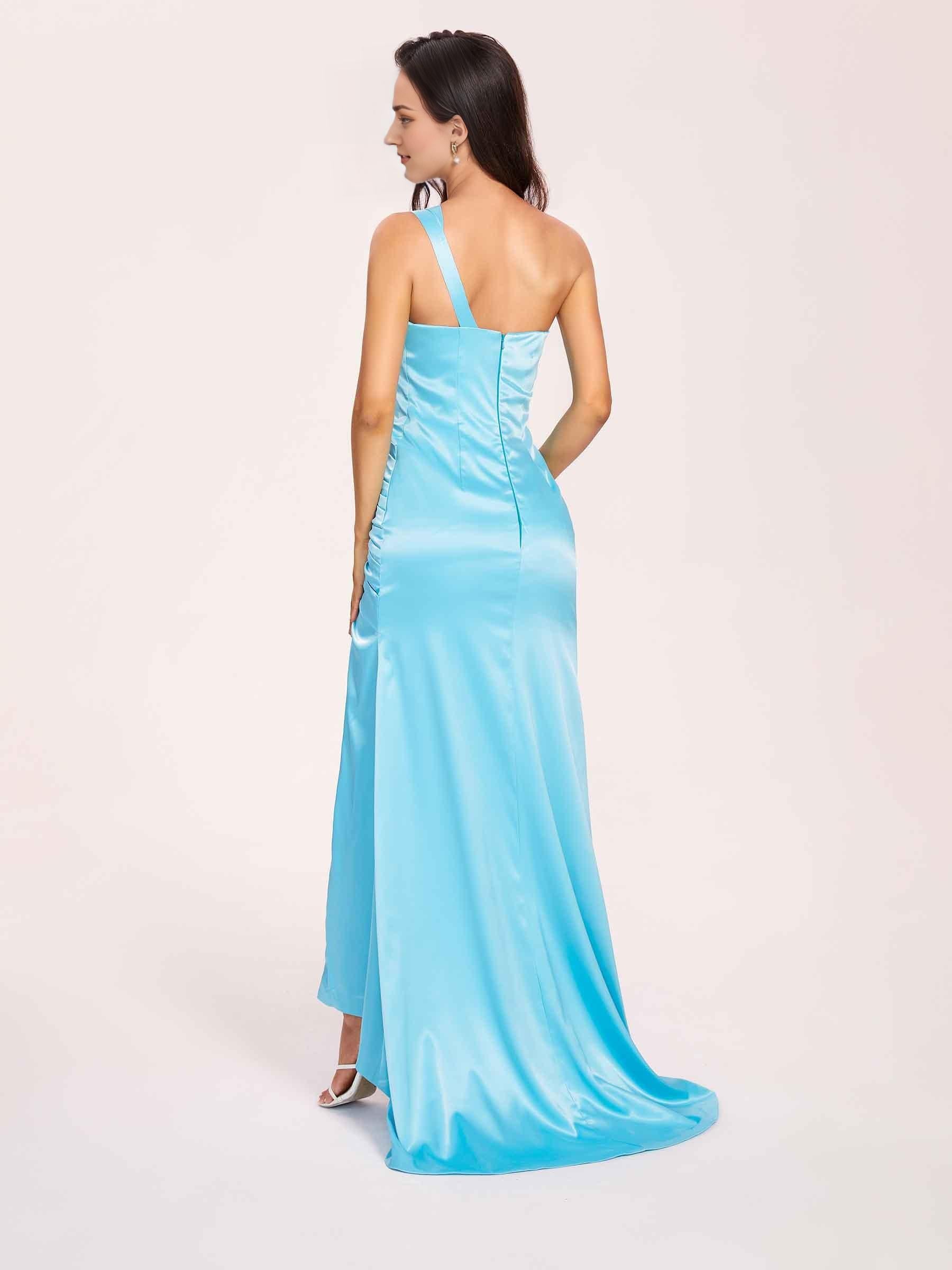 Sexy Satin One-shoulder Prom Dresses Side Slit Sheath Floor Length Long