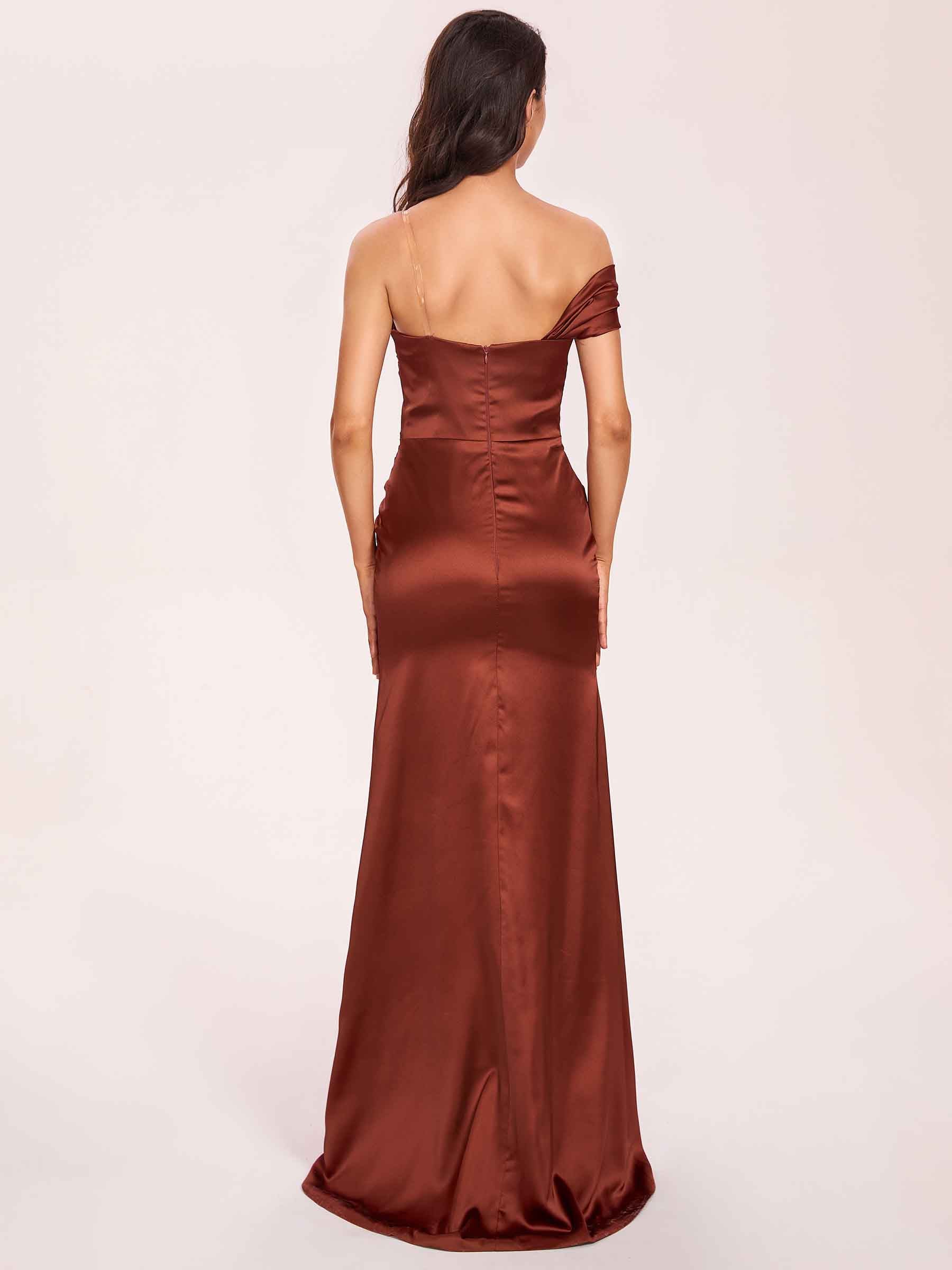 Satin One-shoulder Prom Dresses Pleats Floor Length Mermaid Long