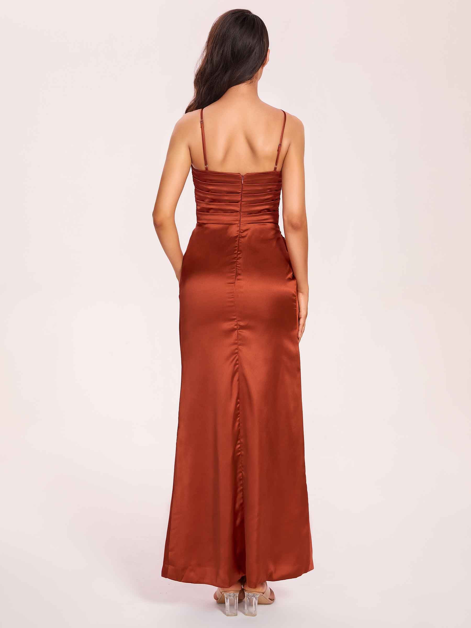 Satin Halter Pleats Sheath Prom Dresses Side-Slit Floor Length Sleeveless