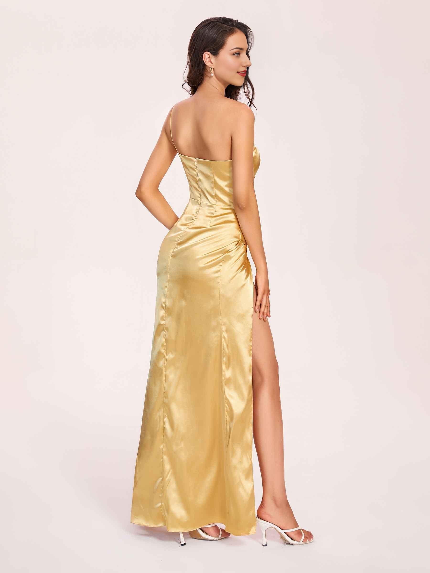Sexy Satin One-shoulder Prom Dresses Side Slit Sheath Floor Length Long