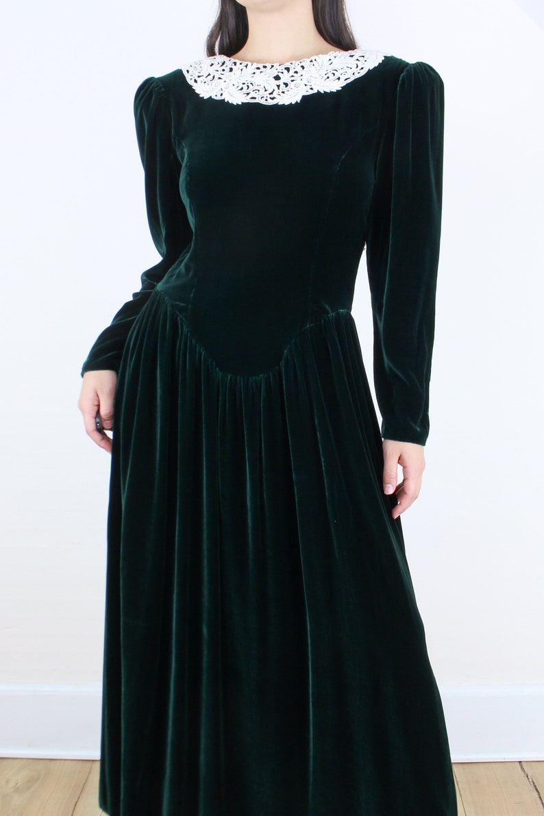 McClintock velvet dress silk blend forest green lace collar low back v-yoke waist full skirt