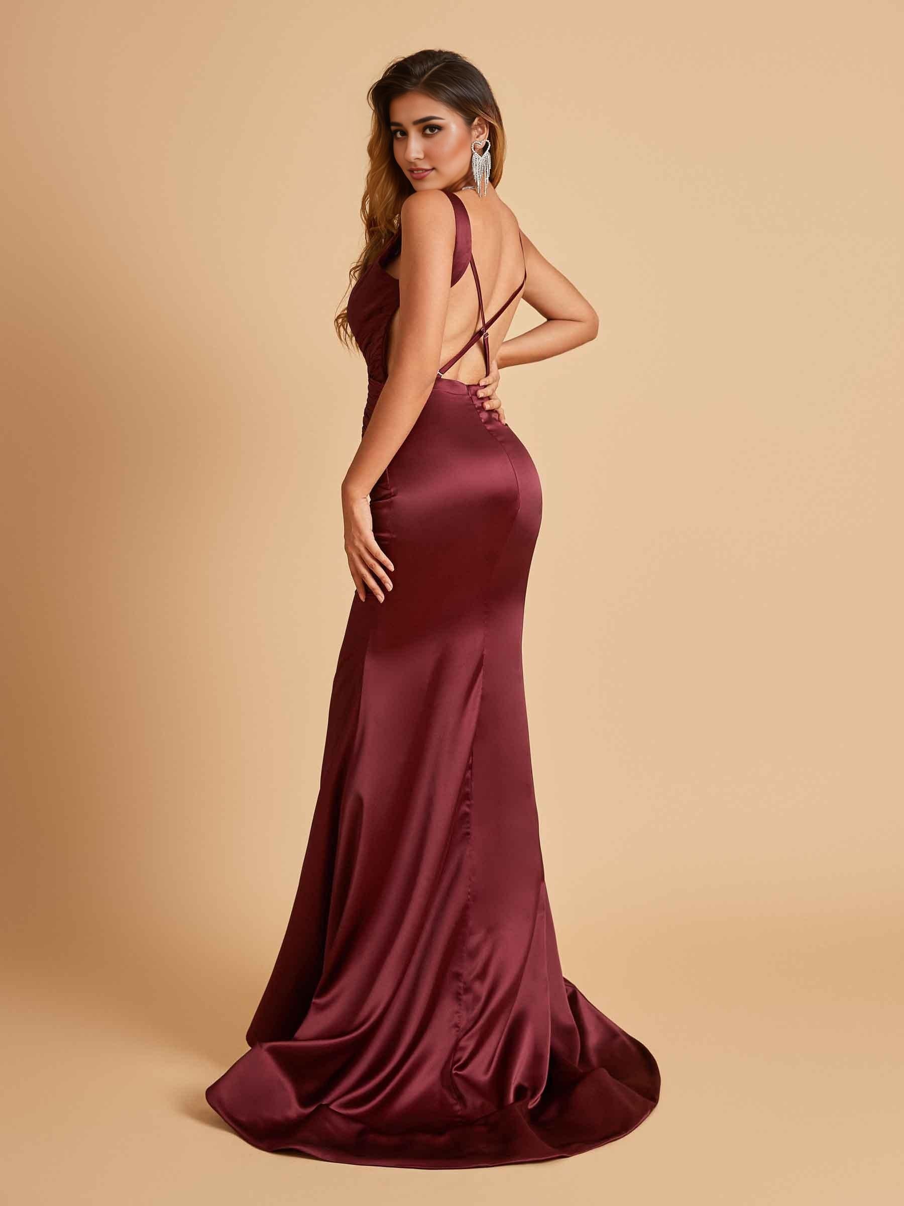 Sexy Satin Criss-cross Back Prom Dresses Mermaid Deep V-neck Back Pleats Floor Length