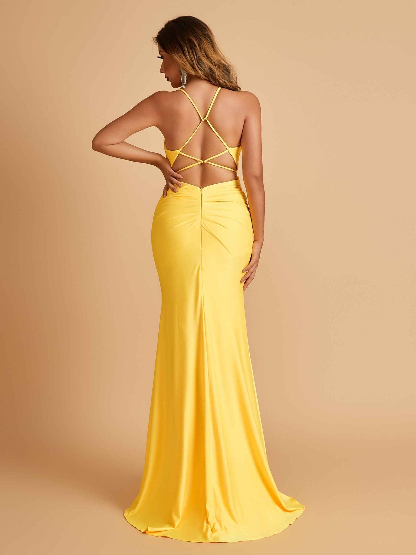 Sexy Jersey Spaghetti Straps Prom Dresses V-neck Mermaid Criss-cross Back Floor Length