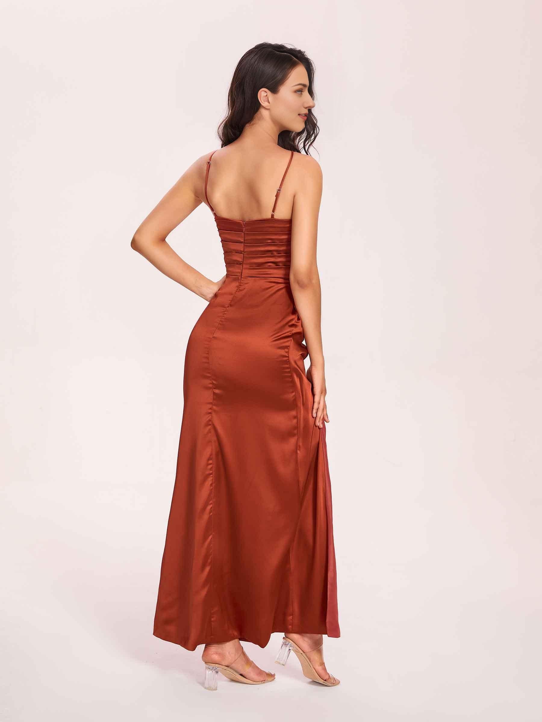 Satin Halter Pleats Sheath Prom Dresses Side-Slit Floor Length Sleeveless