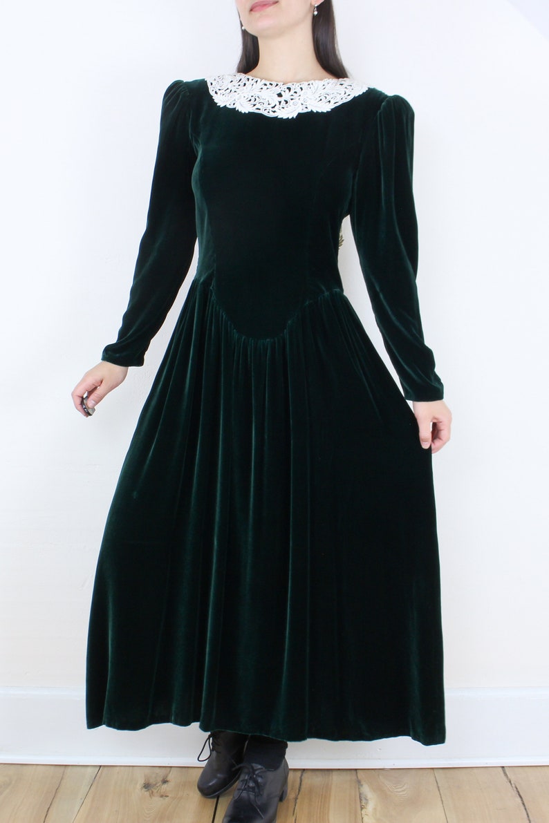 McClintock velvet dress silk blend forest green lace collar low back v-yoke waist full skirt
