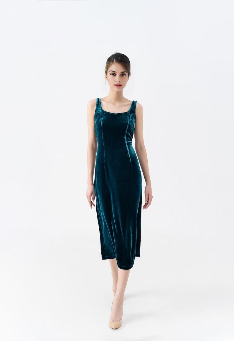 Petrol Mulberry Silk Velvet Prom Dress Luxurious Silk Velvet With Scoop Neck Midi Dress Made to Order Dress