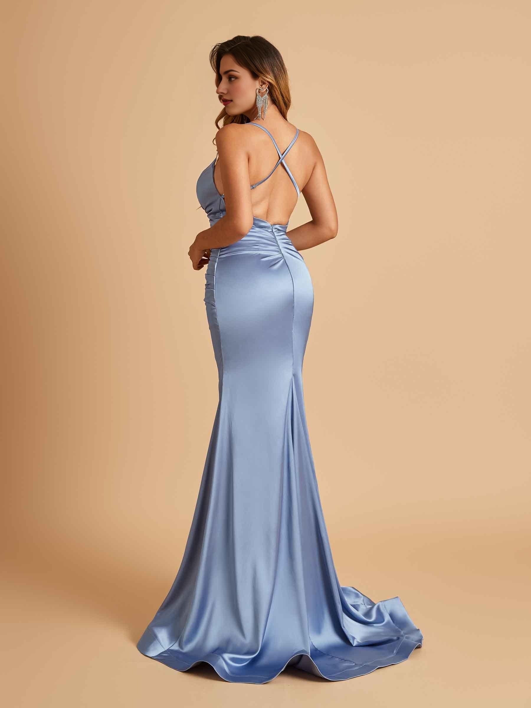 Satin Mermaid V-neck Prom Dresses Spaghetti Straps Floor Length