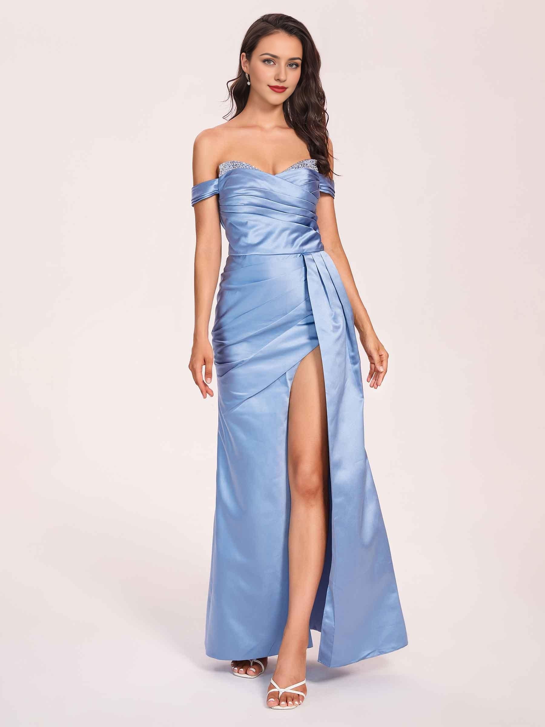 Elegant Satin Off Shoulder Prom Dresses Side-slit Sweetheart Floor Length Sheath