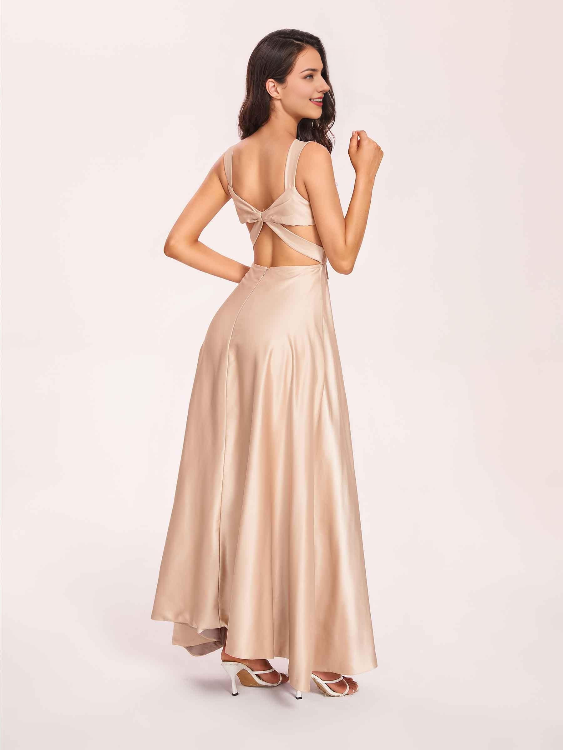 Satin V-neck A-line Prom Dresses Side slit Floor Length
