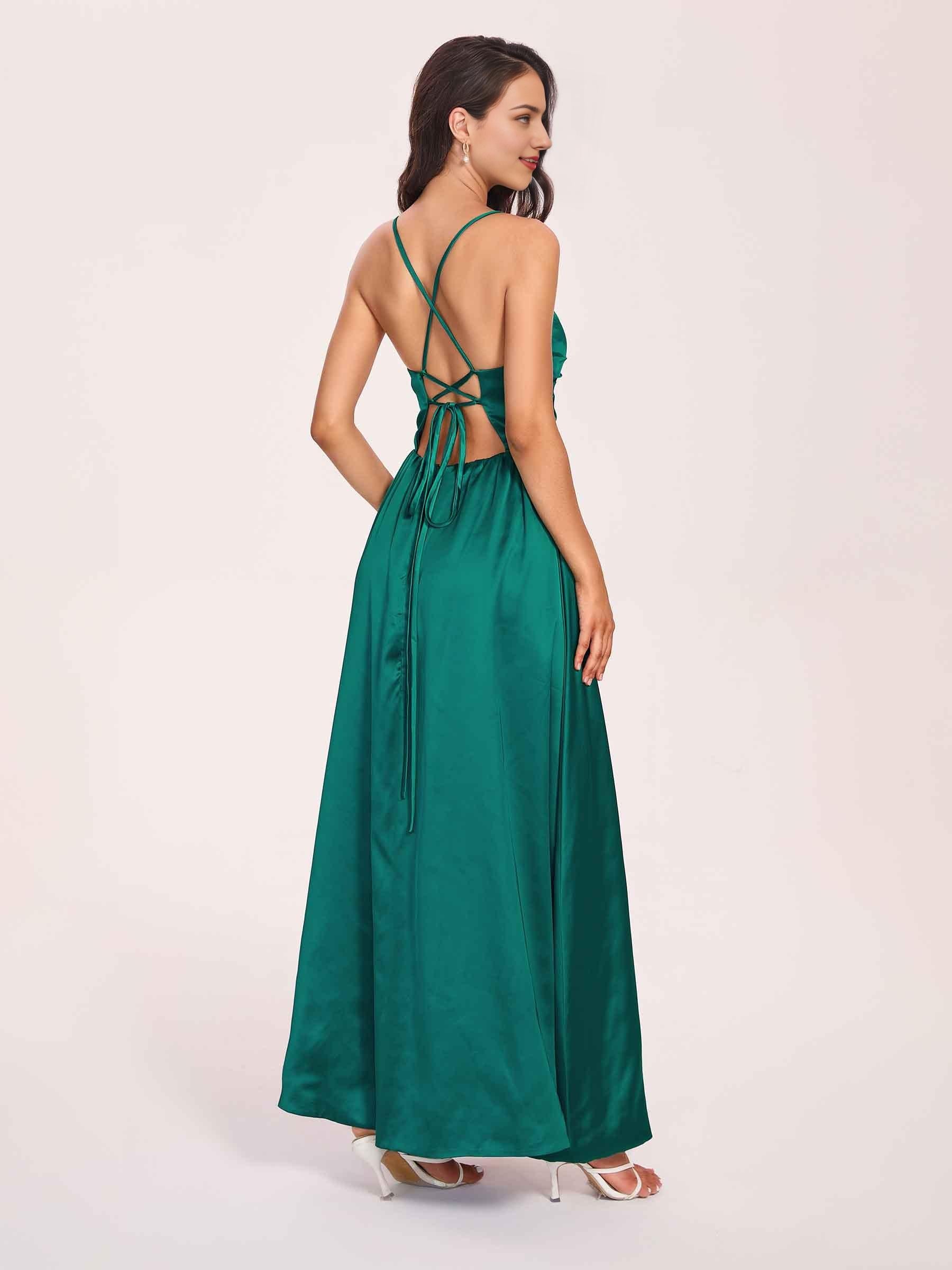 Satin Spaghetti Straps A-line Prom Dresses Side Slit Floor Length