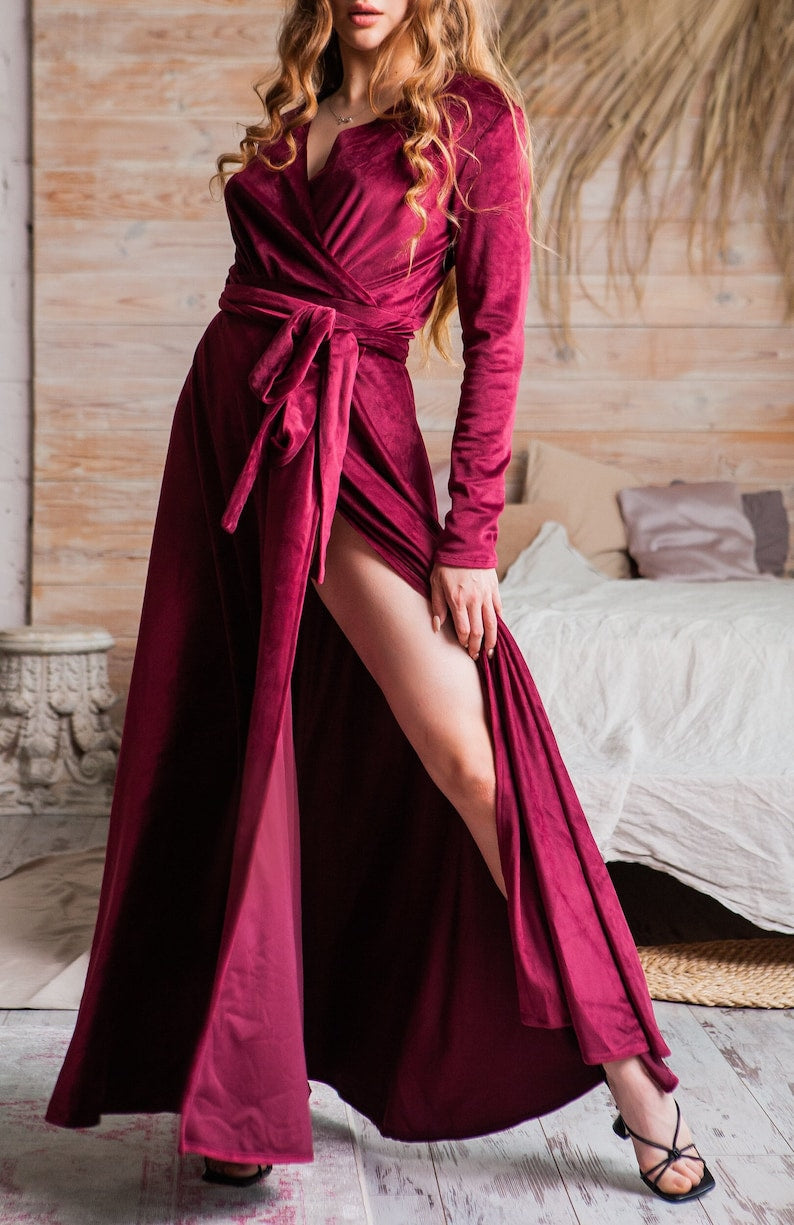 Velvet wrap dress Velvet dress long Velvet prom dress purple Velvet dress for women Velvet party dress Velvet formal dress
