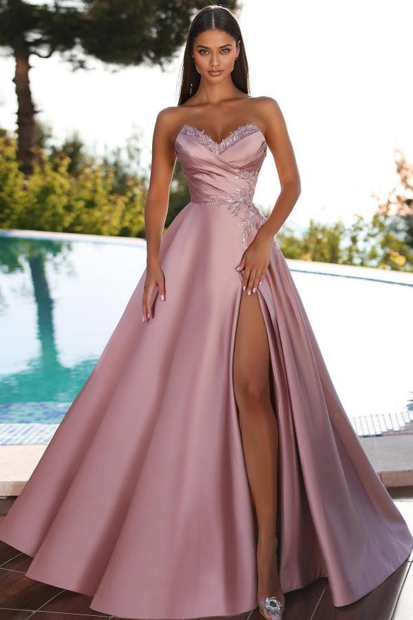 Long Sweetheart A-Line Ruffles Satin Prom Dresses with Slit