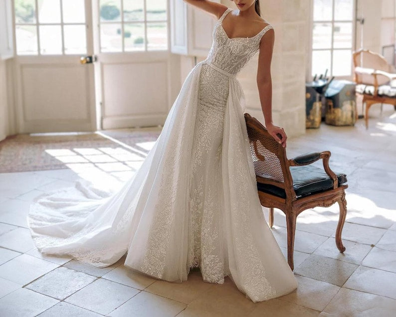 Wedding Dress Sequin Square Neck Bridal Gown Low Back Tulle Beaded Dress Custom Mermaid Wedding Dress Backless Bridal dress