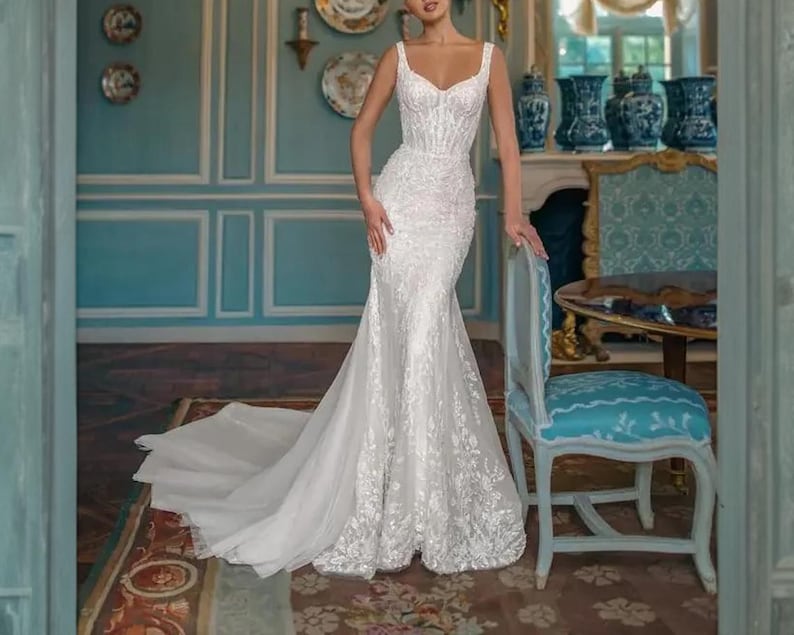 Wedding Dress Sequin Square Neck Bridal Gown Low Back Tulle Beaded Dress Custom Mermaid Wedding Dress Backless Bridal dress