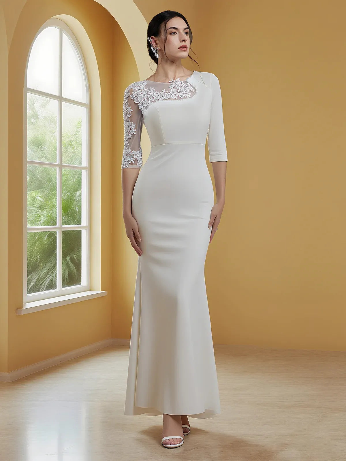 Asymmetrical Lace Crepe Mermaid Wedding Dress with Sheer Neckline & Sleeves - Modern Elegant Bridal Gown