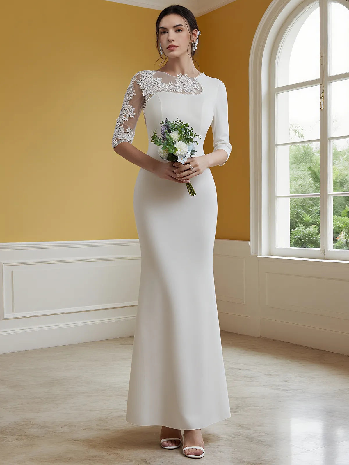 Asymmetrical Lace Crepe Mermaid Wedding Dress with Sheer Neckline & Sleeves - Modern Elegant Bridal Gown