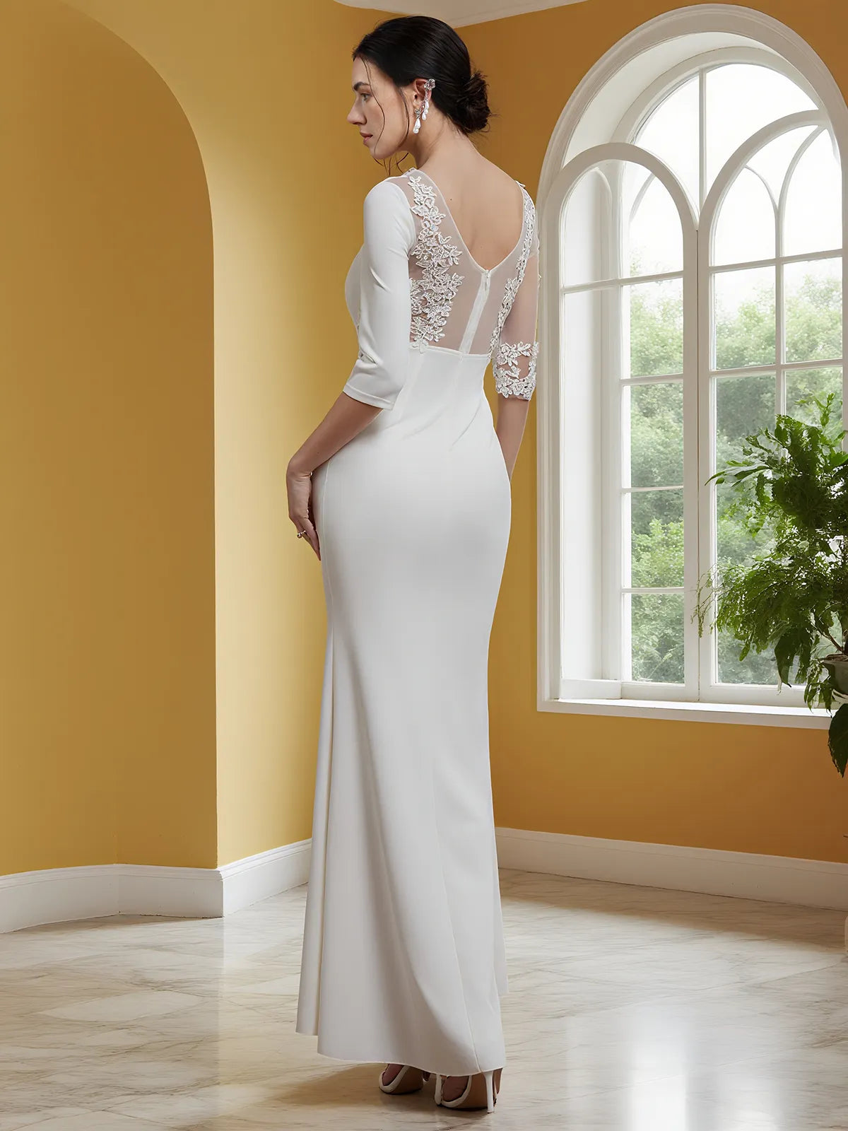 Asymmetrical Lace Crepe Mermaid Wedding Dress with Sheer Neckline & Sleeves - Modern Elegant Bridal Gown