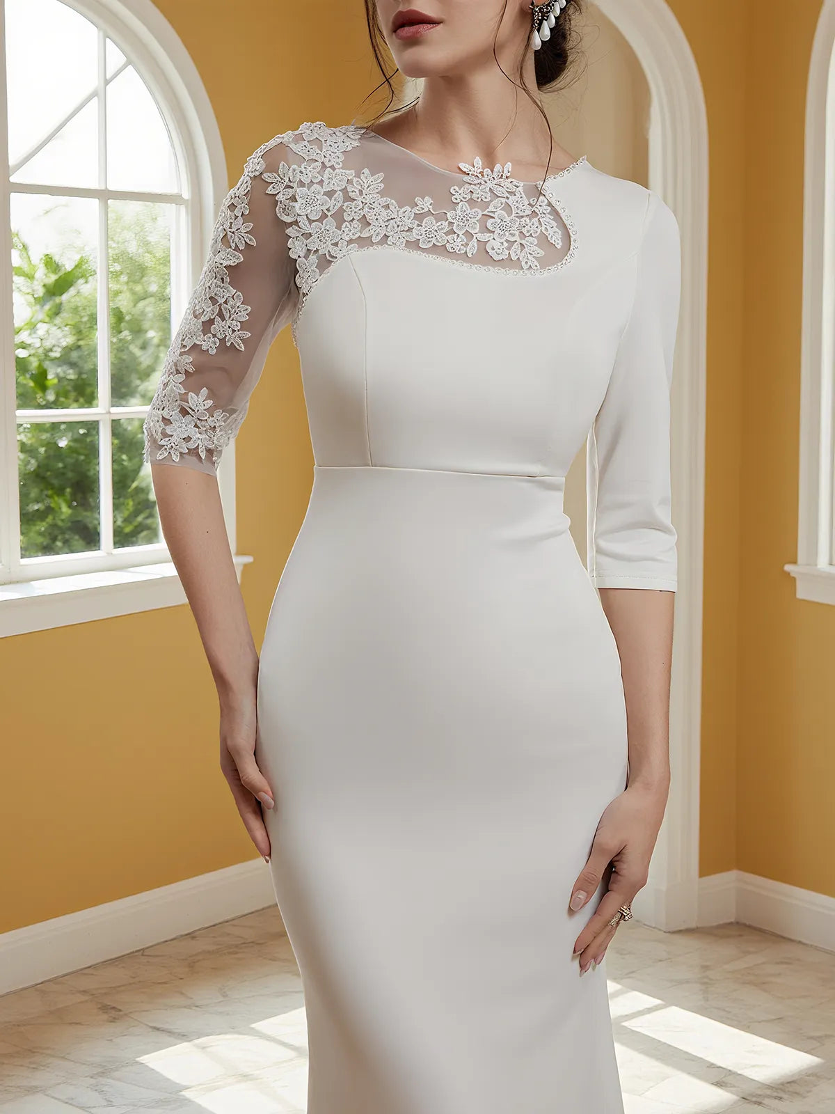 Asymmetrical Lace Crepe Mermaid Wedding Dress with Sheer Neckline & Sleeves - Modern Elegant Bridal Gown