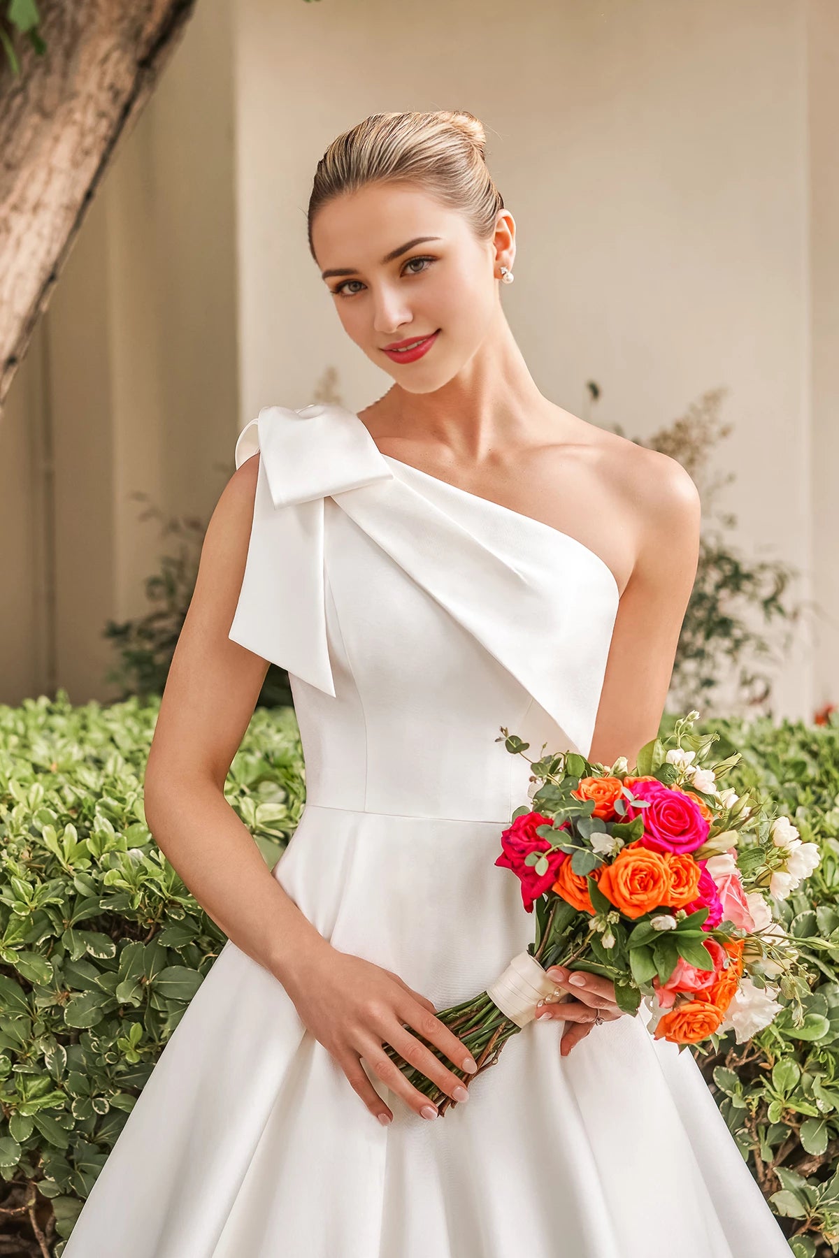 Asymmetric collar sleeveless backless bow shoulder strap and floor length wedding dress