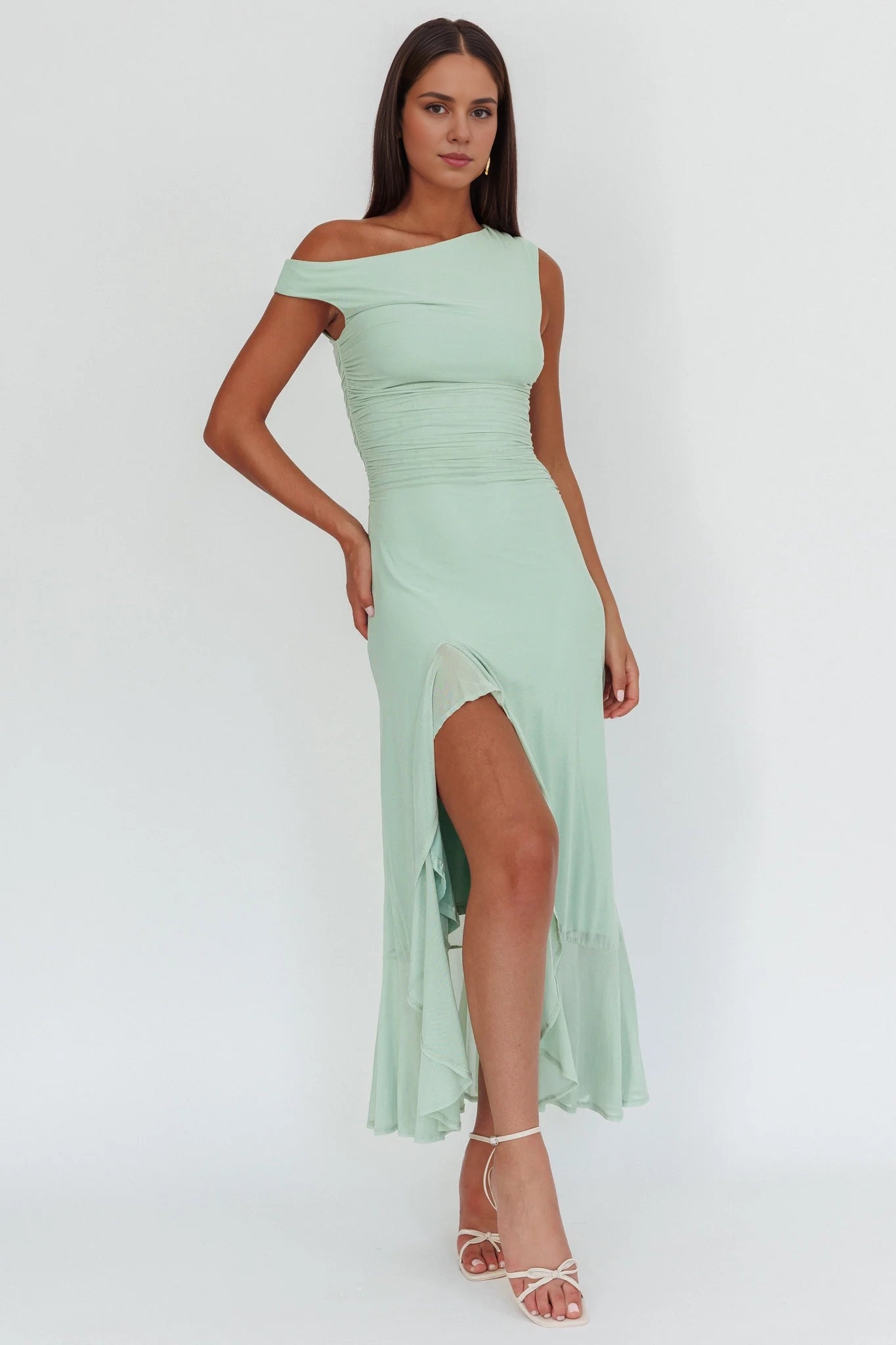 Asymmetric off shoulder collar with a captivating heart, leg slits, and zippers on the side. Homecoming Dresses