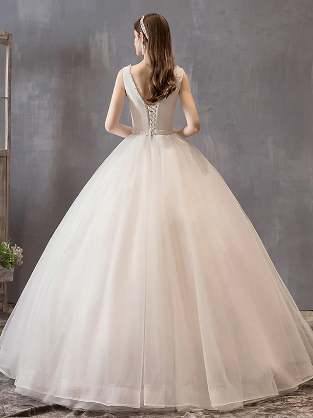 Dingji Princess Ball Gown Wedding Dresses V Neck Floor Length Satin Tulle Sleeveless Formal Luxurious with Bow(s) Beading