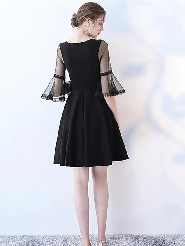 DingjiA-Line Minimalist Sexy Engagement Cocktail Party Dress Jewel Neck Half Sleeve Knee Length Tulle with Pleats