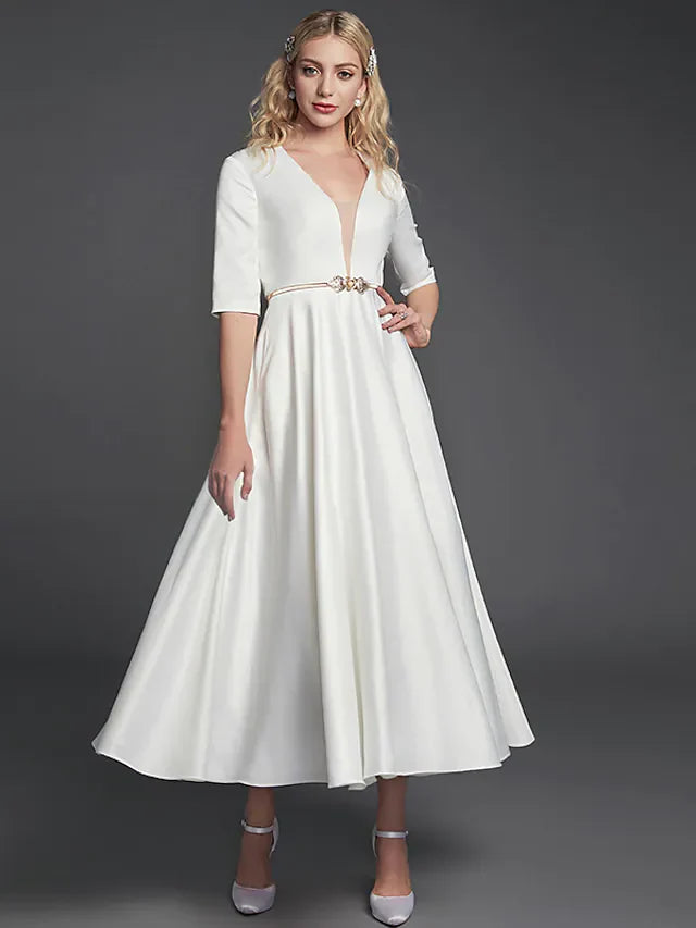 DingjiA-Line Minimalist Elegant Homecoming Cocktail Party Dress V Neck Half Sleeve Tea Length Satin with Ribbon Pleats