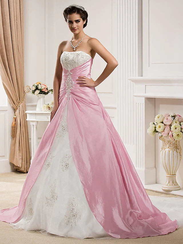 DingjiBall Gown Wedding Dresses Strapless Chapel Train Organza Taffeta Strapless Wedding Dress in Color with Ruched Beading Appliques
