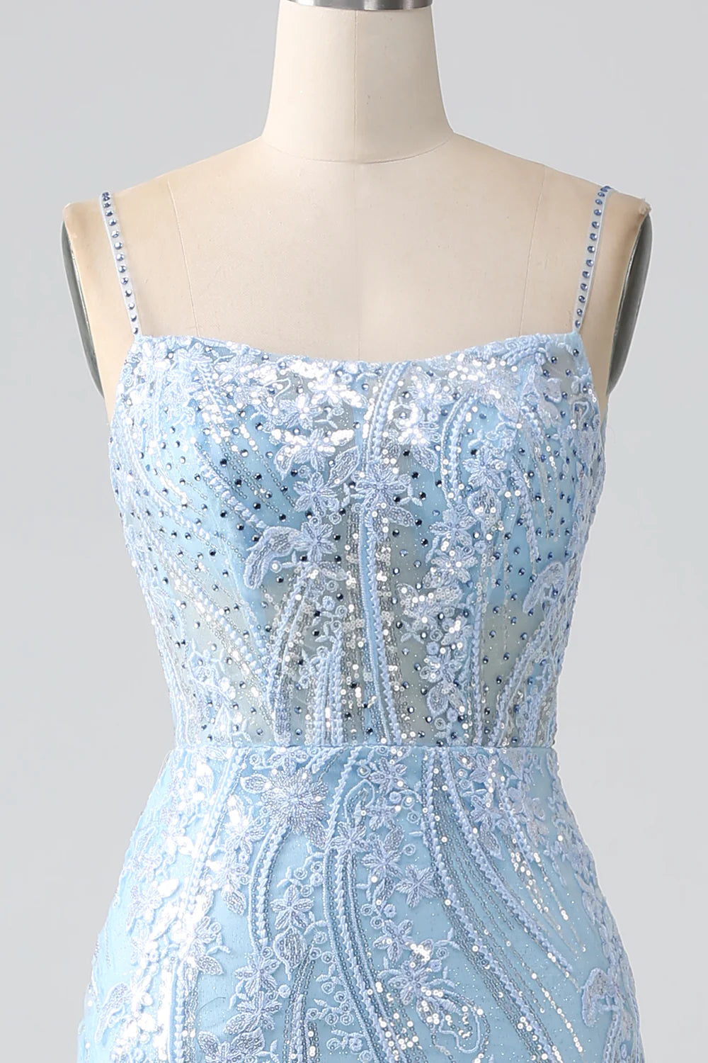 Sky Blue Sparkly Mermaid Corset Prom Dress with Sequins