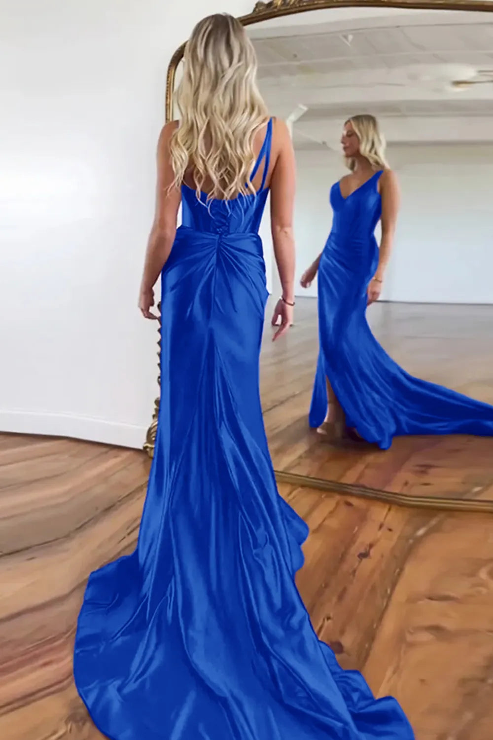 V-Neck Sweep Train Mermaid Prom Dress With Slit