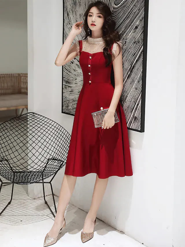 DingjiA-Line Glittering Elegant Party Wear Cocktail Party Dress High Neck Sleeveless Knee Length Spandex with Sequin