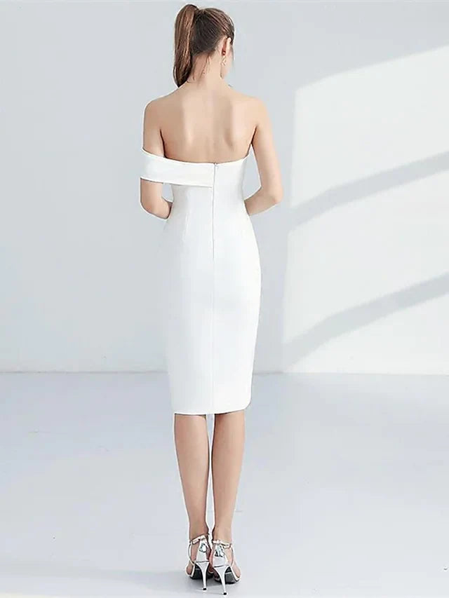 DingjiMinimalist Elegant Engagement Cocktail Party Dress Strapless Sleeveless Knee Length Stretch Fabric with Sleek Split