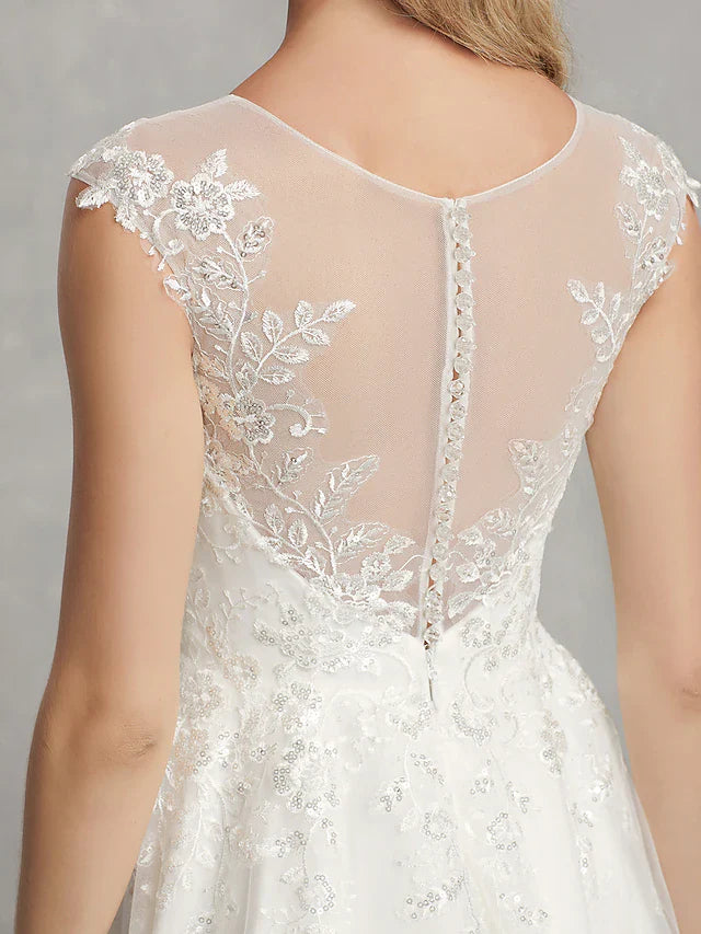 DingjiA-Line Wedding Dresses Jewel Neck Tea Length Lace Tulle Cap Sleeve Beautiful Back with Appliques