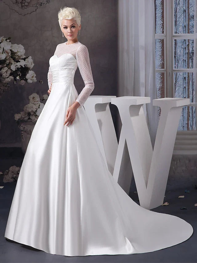 DingjiA-Line Wedding Dresses Jewel Neck Court Train Satin Tulle Length Sleeve Illusion Sleeve with Ruched