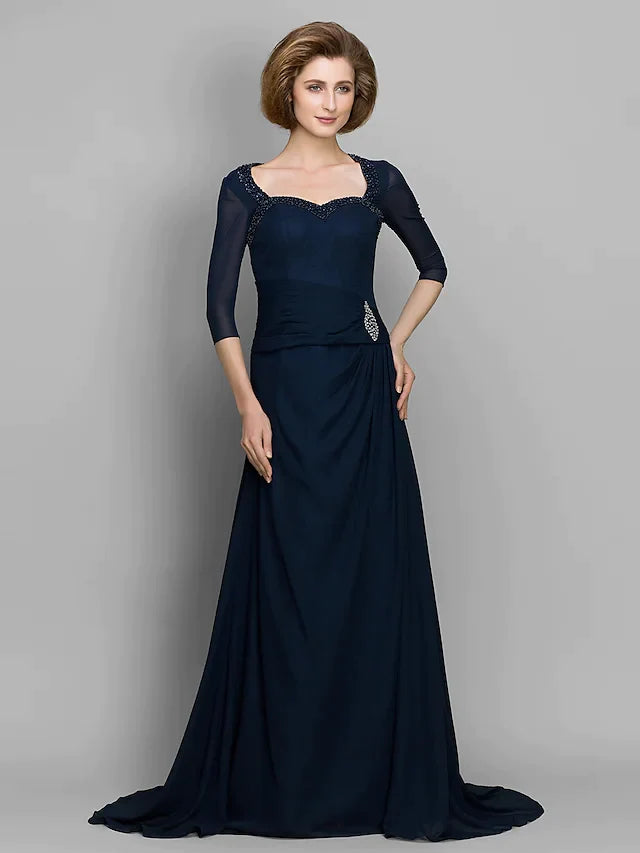 A-Line Mother of the Bride Dress Elegant Sweetheart Neckline Chiffon Length Sleeve with Ruched Beading