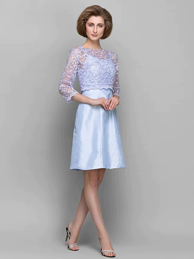 Mother of the Bride Dress Convertible Dress Bateau Neck Knee Length Lace Taffeta Length Sleeve with Lace